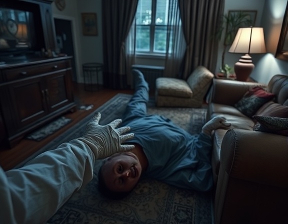 disturbing crime scene, grim determination, executing trauma cleanup, photorealistic, residential living room with overturned furniture, highly detailed, gloved hands and protective gear, forensic accuracy, contrasting colors, soft ambient glow from a table lamp, shot with an 85mm lens.