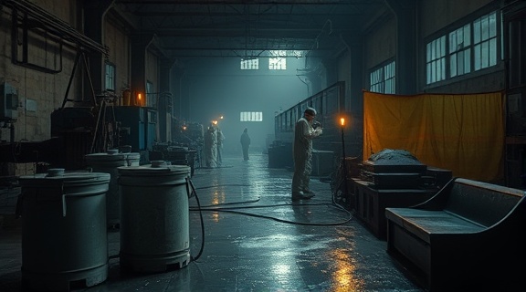 eerie crime scene, methodical approach, managing forensic cleanup, photorealistic, abandoned factory with rusted machinery, highly detailed, specialized cleaning equipment in use, fluid interaction, deep shadows and highlights, candlelight flicker, shot with a 24mm lens.