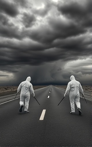 urgent crime scene, meticulous care, engaged in trauma cleanup, photorealistic, deserted highway under a threatening sky, highly detailed, biohazard suits in action, dynamic motion, grayscale, natural stormy lighting, shot with a wide-angle lens.