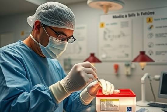 methodical bloodspill procedure, attentive expression, executing standard procedures, photorealistic, in a medical training facility with instructional diagrams, highly detailed, step-by-step procedural activity, clear focus delineation, educational colors for clarity, natural daylight capture, shot with a tilt-shift lens