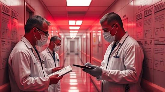 comprehensive bloodspill inspection, analytical expression, inspecting a cleanup operation, photorealistic, in a hospital corridor filled with medical charts, highly detailed, inspectors meticulously checking procedures, sharp detail rendition, monochrome palettes with soft red tones, ambient light with shadows, shot with a portrait lens