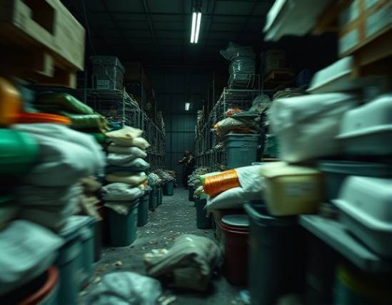 chaotic biohazard waste, alarming, being carefully sorted, photorealistic, inside a dimly lit storage facility littered with containers, highly detailed, motion blur from quick movements, macro perspective, dull green hues, ambient lighting, captured with an 85mm lens.