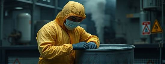 protective biohazard suit, determined, sealing a barrel, photorealistic, in a cluttered industrial site with warning signs, highly detailed, steam rising from the background, tight framing, dull gray and yellow tones, diffused lighting, taken with a 35mm lens.