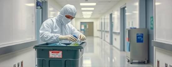 efficient biohazard removal, focused, disposing of hazardous materials, photorealistic, in a sterile hospital environment with white walls, highly detailed, reflections on shiny surfaces, vivid clarity, bright whites and blues, directional lighting, shot with a 24mm lens.