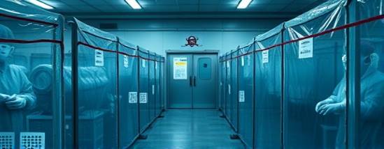 essential biohazard safety, cautious, handling dangerous substances, photorealistic, in a quarantine zone surrounded by containment barriers, highly detailed, visible particles illuminated, wide-angle, muted silver tones, soft ambient glow, captured with a 28mm lens.