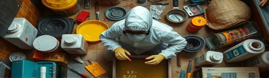 urgent biohazard cleanup, concentrated, scrubbing contaminated surfaces, photorealistic, in a makeshift decontamination area crowded with tools, highly detailed, droplets of liquid mid-air, high resolution, earthy tones, top-down lighting, taken with a 70mm lens.