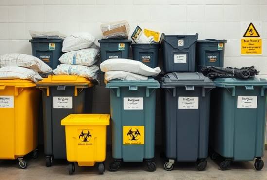 organized biohazard waste, meticulous, arranging disposal bins, photorealistic, in a designated disposal zone with clear demarcations, highly detailed, labels visibly on containers, pristine clarity, soft pastels, natural daylight, captured with a 50mm lens.