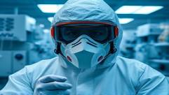precautionary biohazard suit, vigilant, double-checking equipment, photorealistic, in a research facility with equipment scattered around, highly detailed, condensation on visor, close-up, cold blue and white colors, overhead lighting, shot with a 55mm lens.