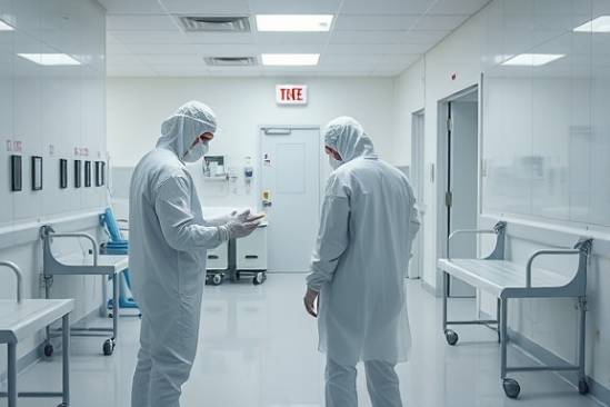 poignant suicide remediation scene, thoughtful, workers in protective gear, photorealistic, sterile indoor room with clinical white walls, highly detailed, cleaning equipment and safety signs, high-resolution clarity, stark white, fluorescent lighting, shot with a macro lens.
