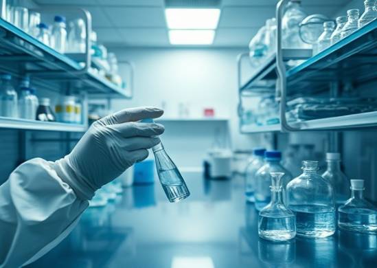 delicate suicide decontamination, meticulous, precise equipment handling, photorealistic, small laboratory with glassware on shelves, highly detailed, reflection of liquid on surfaces, impeccable sharpness, cool blues and silvers, bright overhead lighting, shot with a zoom lens.