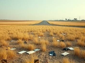 aftermath of suicide remediation, calm, methodical assessment, photorealistic, open field with distant road, highly detailed, scattered personal effects, pristine clarity, pale yellows and greens, diffuse daylight, shot with a telephoto lens.
