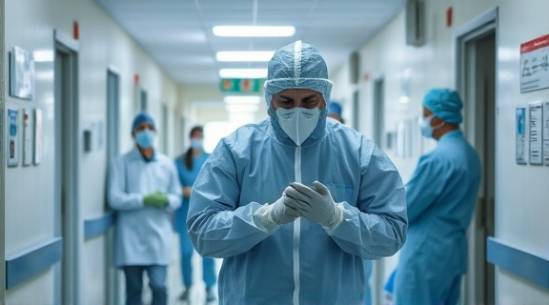 emotional suicide decontamination scene, precise, cautious procedure, photorealistic, bustling hospital corridor with signage, highly detailed, personnel in scrubs, exact realism, cool whites and blues, bright sterile lighting, shot with a wide-angle lens.