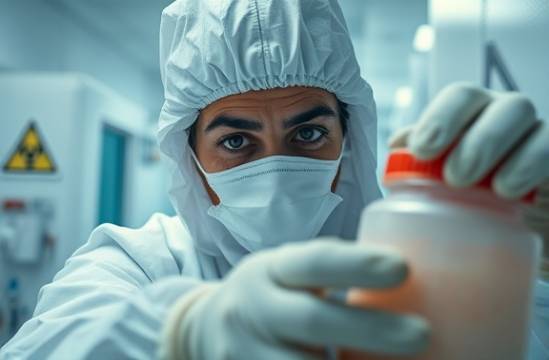 urgent biohazard cleanup, focused expression, carefully disposing of waste, photorealistic, sterile laboratory background with hazardous signs, highly detailed, protective gear, macro shot, sterile white and red colors, cold fluorescent lighting, shot with a macro lens.