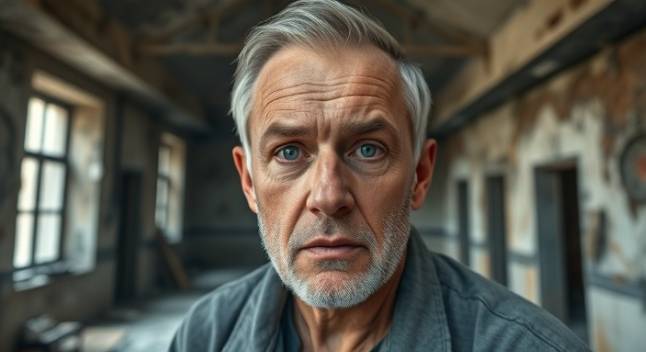 meticulous trauma restoration, concentrated expression, restoring damaged sites, photorealistic, fire-damaged building interior, highly detailed, ash and soot, high-definition, warm grey tones, diffused lighting, shot with a wide-angle lens.