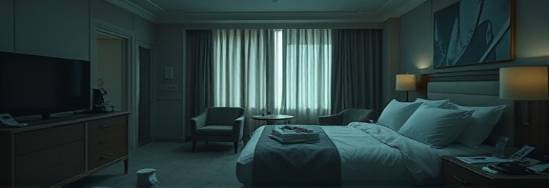 diligent trauma cleanup, reassuring expression, carefully sanitizing, photorealistic, dimly lit hotel room, highly detailed, scattered personal items, wide dynamic range, pale and muted colors, intimate lighting, shot with a 24mm lens.