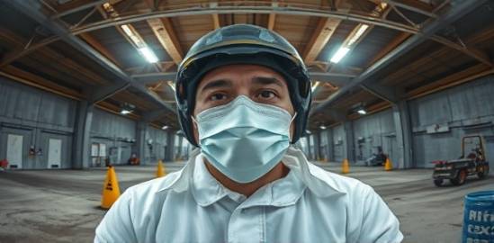 calm biohazard cleanup, determined expression, managing contamination risks, photorealistic, exposed structural site with warning markers, highly detailed, safety equipment, high clarity, neutral colors, stark overhead lighting, shot with a fisheye lens.