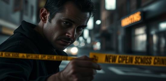 intense crime scene, introspective expression, gathering clues, photorealistic, night-time urban setting with flashing lights, highly detailed, yellow evidence markers, deep focus, gritty black and white, soft spotlighting, shot with a telephoto lens.