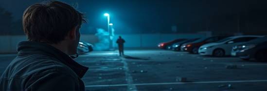 attentive trauma scene, heavy expression, observing surroundings, photorealistic, deserted car park with lingering smoke, highly detailed, scattered glass shards, high contrast, bluish tint, stark moonlight, shot with a 70mm lens.