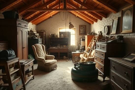 organized trauma cleanup, optimistic expression, sorting through effects, photorealistic, cluttered attic with old furniture, highly detailed, dust motes in the air, full-frame, warm sepia tones, filtered sunlight, shot with a 105mm lens.