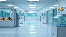 efficient biohazard cleanup, tranquil expression, securing contaminated areas, photorealistic, clean laboratory with safety notices, highly detailed, biological symbols, ultra-focus, sterile blues and whites, clinical lighting, shot with a 90mm lens.