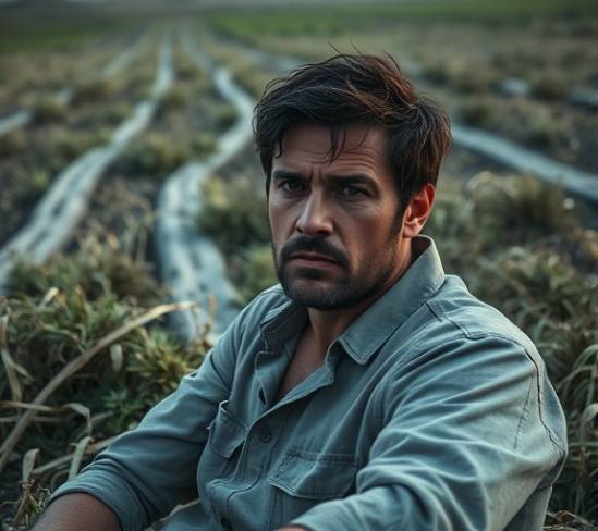 thorough trauma scene, alert expression, piecing together story, photorealistic, rural field with tire tracks, highly detailed, wilted flora, high definition, muted greens and browns, early dawn light, shot with a prime lens.