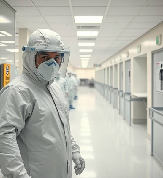 systematic biohazard cleanup, optimistic expression, organizing safe zones, photorealistic, sanitized hospital ward with signage, highly detailed, protective barriers, micro-focus, bright white and pastel hues, diffused fluorescent light, shot with a 50mm lens.