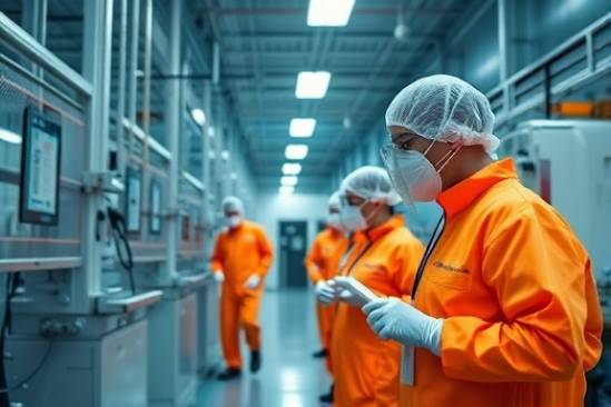 Sanford trauma cleanup, meticulous, disinfecting surfaces, photorealistic, interior of a large industrial facility, highly detailed, bright safety uniforms worn by workers, Nikon 85mm lens, high contrast, overhead fluorescent lighting, shot with a Nikon D850.