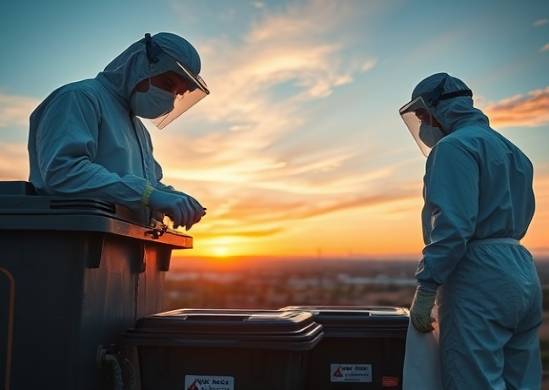 Expert trauma cleanup crew in Sanford, attentive, sealing waste containers, photorealistic, exterior with open skies and distant city skyline, highly detailed, use of specialized equipment, Sony 70-200mm lens, vibrant hues, golden hour lighting, shot with a Sony A7R IV.
