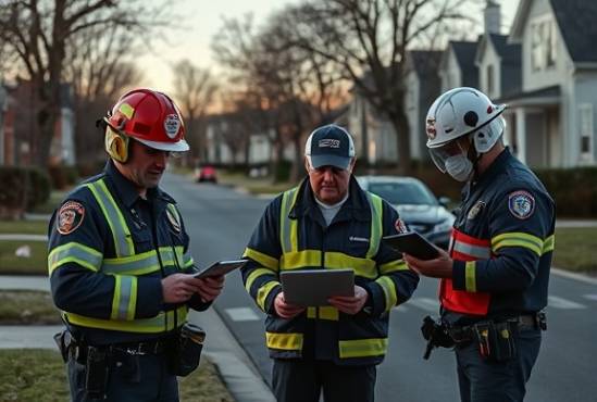 Sanford trauma site inspection, diligent, assessing damage report, photorealistic, suburban neighborhood scene with emergency services personnel, highly detailed, digital tablets and communication devices, Fujifilm 35mm lens, warm tones, evening shadows, shot with a Fujifilm X-T4.