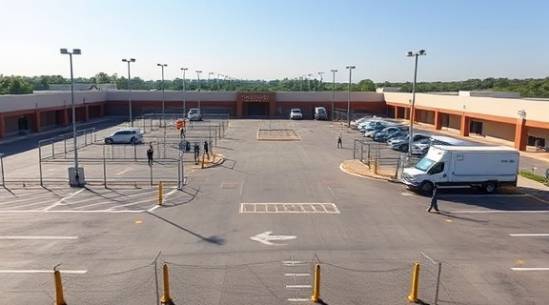 Trauma site in Sanford, efficient, organizing logistics, photorealistic, open parking lot with marked boundaries and temporary fencing, highly detailed, visible team coordination, Zeiss 25mm lens, natural tones, bright daylight, shot with a Leica SL2.