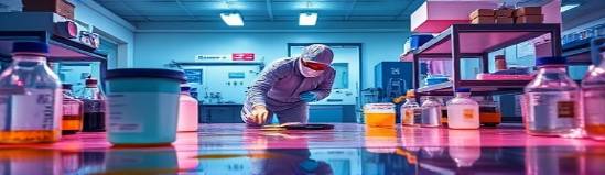 Sanford cleanup experts, skillful, removing chemical spills, photorealistic, interior of a lab facility with experimental setups, highly detailed, safety gloves and masks, Panasonic 35-100mm lens, cool colors, dynamic LED lighting, shot with a Panasonic Lumix GH5.