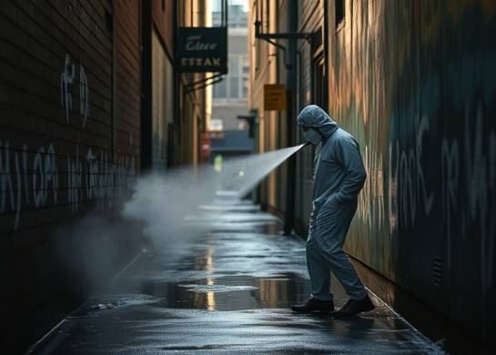 death cleanup, reflective, spraying disinfectant, photorealistic, urban back alley, highly detailed, subtle mist in the air, sharp focus, dark tones, harsh lighting, shot with a 50mm lens.