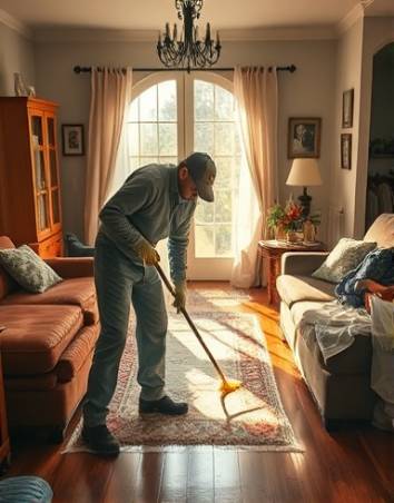 trauma cleanup, determined, wiping surfaces, photorealistic, inside a suburban home, highly detailed, broken furniture around, 4K resolution, warm colors, natural lighting, shot with a 24mm lens.