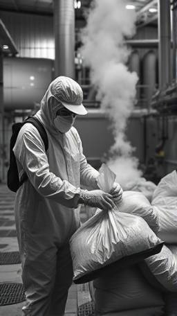 hazard cleanup, cautious, sealing waste bags, photorealistic, industrial plant environment, highly detailed, steam rising from vents, ultra-high detail, grayscale, low-key lighting, shot with an 85mm lens.