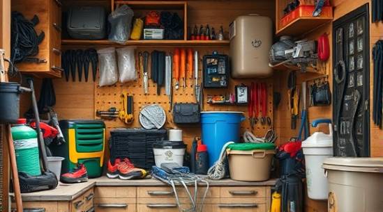 unattended cleanup, focused, organizing tools, photorealistic, cluttered garage space, highly detailed, dust particles visible, high definition, earthy colors, soft lighting, shot with a 70mm lens.
