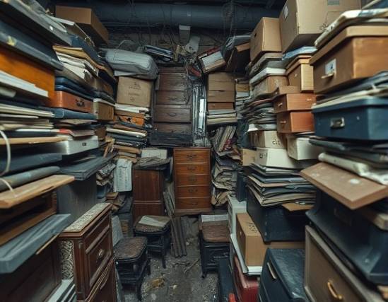 chaotic hoarding clutter, claustrophobic, piled high, photorealistic, within a small basement overflowing with old furniture and boxes, highly detailed, cobwebs in corners, narrow depth of field, grey tones, ambient lighting, shot with a 50mm lens.