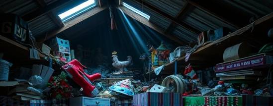 disordered hoarding junk, neglected, scattered everywhere, photorealistic, a dark attic cluttered with old toys and holiday decorations, highly detailed, shafts of sunlight breaking through roof cracks, vivid colors, dramatic chiaroscuro, shot with a wide-angle lens.