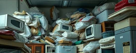 heaps of hoarding trash, oppressive, overtaking space, photorealistic, an abandoned garage overflowing with plastic bags and broken appliances, highly detailed, insects buzzing around, high contrast, muted colors, fluorescent lighting, shot with a macro lens.