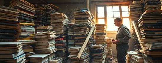frenzied hoarding debris, forgotten, layered under dust, photorealistic, a cluttered study filled with stacks of books and scattered papers, highly detailed, particles floating in beams of light, warm tones, filtered sunlight, shot with a 85mm lens.