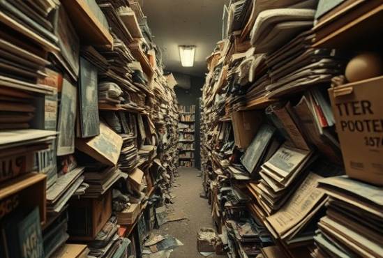 overwhelming hoarding mess, suffocating, teetering precariously, photorealistic, a narrow hallway lined with old magazines and random trinkets, highly detailed, footsteps kicked dust in the air, sepia tones, dim overhead lighting, shot with a 24-70mm lens.