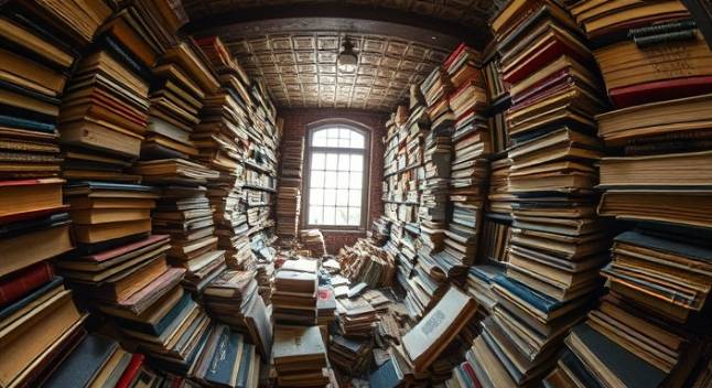 disorganized hoarding clutter, overwhelming, meandering through items, photorealistic, an old library room with toppled books and stacks of records, highly detailed, pages rustling gently, autumn colors, diffuse warm light, shot with a fisheye lens.