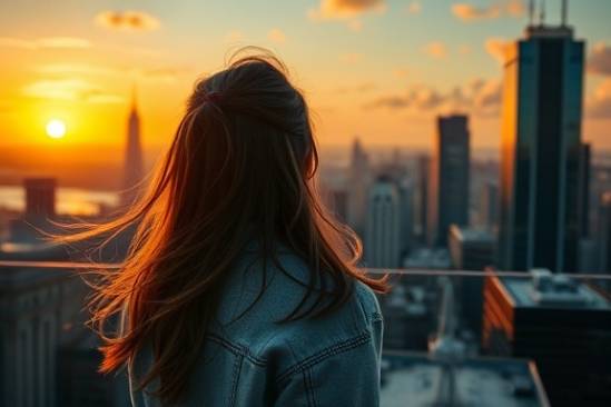 motivational aboutus vision, visionary, gazing into the horizon from a rooftop, photorealistic, urban skyline with skyscrapers and sunset, highly detailed, gentle breeze moving hair and clothing, atmospheric effects, warm colors, golden hour lighting, shot with a 85mm lens.