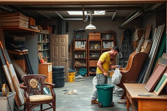 focused cleanup team, concentrated, organizing cleanup tools, photorealistic, cluttered garage filled with debris, highly detailed, scattered spare parts and broken furniture, 300 DPI, muted earth tones, warm natural lighting, shot with a 50mm lens.