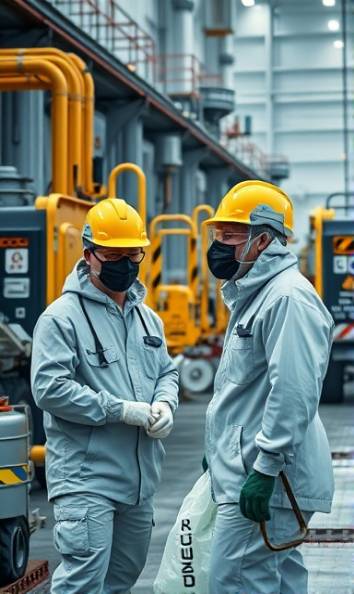 professional cleanup team, attentive, executing cleanup safety protocols, photorealistic, industrial site with heavy machinery, highly detailed, safety signs and equipment everywhere, 8k resolution, metallic tones, harsh artificial lighting, shot with a 70mm lens.