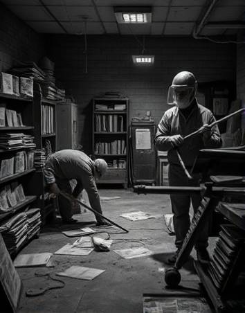 methodical cleanup team, precise, maneuvering cleanup tools, photorealistic, basement filled with old newspapers and dusty shelves, highly detailed, cobwebs and antique items strewn about, 5k texture, monochrome with a hint of sepia, dim spotlight illumination, shot with a 85mm lens.