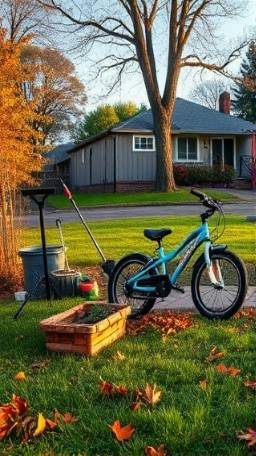 organized cleanup team, efficient, streamlining cleanup process, photorealistic, suburban backyard with overgrown grass and fallen leaves, highly detailed, garden tools and a forgotten bicycle, 2k resolution, vibrant autumn colors, golden hour lighting, shot with a 24-70mm lens.