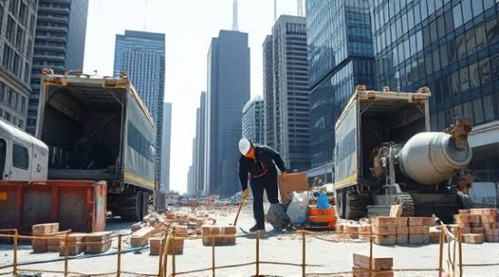 dexterous cleanup team, agile, packing up cleanup tools, photorealistic, construction site amidst skyscrapers, highly detailed, scattered bricks and concrete mixers, 12-bit depth, cool grayscale tones, direct sunlight, shot with a 28mm lens.