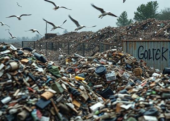 neglected Apopka waste site, grim, looming, photorealistic, piles of discarded items with seagulls scavenging, highly detailed, swirling litter caught in the air, narrow depth of field, muted grays and browns, overcast lighting, shot with a 50mm camera lens.