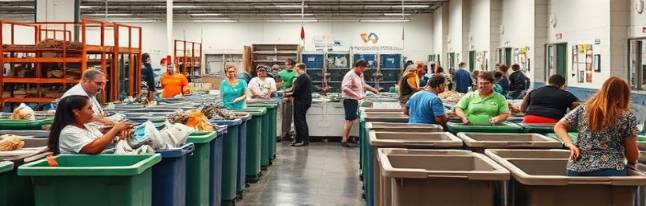 community-driven Apopka recycling center, hopeful, bustling, photorealistic, rows of recycling bins against a backdrop of volunteers sorting materials, highly detailed, people actively engaging with the process, medium close-up, bright and cheerful colors, diffused interior lighting, shot with a 35mm camera lens.