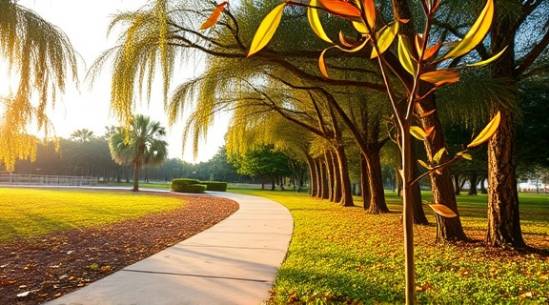 pristine Apopka environment post-cleanup, refreshed, thriving, photorealistic, revitalized park with clean paths and healthy flora, highly detailed, gentle rustling of leaves, ultra-wide shot, vivid earth tones, golden hour lighting, shot with a 14mm camera lens.